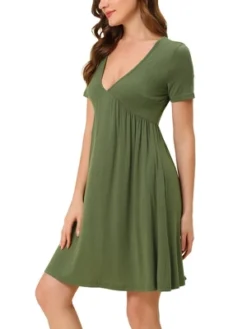 Cheibear Womens Pajama Dress Nightdress V Neck Soft Stretchy Lounge Nightgown