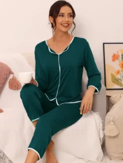 Cheibear Womens Sleepwear Pajamas Long Sleeve Pullover Tops With Pants Lounge Sets