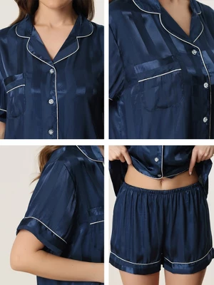 Cheibear Women's Satin Button Down Short Sleeve And Shorts Pajama Set 4 Cheibear Women's Satin Button Down Short Sleeve And Shorts Pajama Set - Image 4