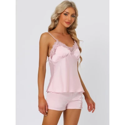 Cheibear Womens Satin Lounge Lace Trim Cami Tops With Shorts Sleepwear Pajamas Sets 1 Cheibear Womens Satin Lounge Lace Trim Cami Tops With Shorts Sleepwear Pajamas Sets