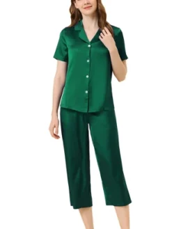 Cheibear Womens Pajama Sleepwear Button Down With Capri Pants Satin Lounge Pjs Set -Cheibear Sales Store GUEST 920b7658 f690 40fb a8a8 581a7e38fb63