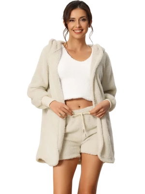 Cheibear Womens Fuzzy Fleece 3 Piece Outfits Pajamas Soft Coat Jacket And Crop Top With Shorts Lounge Set 5 Cheibear Womens Fuzzy Fleece 3 Piece Outfits Pajamas Soft Coat Jacket And Crop Top With Shorts Lounge Set - Image 5