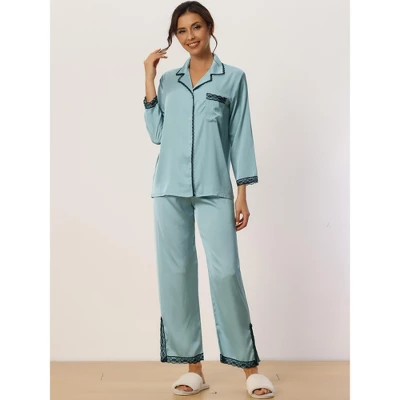 Cheibear Women's Satin Lace Long Sleeve Button-Down Shirt With Pants Pajama Sets 2 Pcs 1 Cheibear Women's Satin Lace Long Sleeve Button-Down Shirt With Pants Pajama Sets 2 Pcs