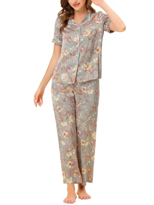Cheibear Women's Silky Floral Short Sleeves Sleepshirt With Pants Pjs Set 2 Pcs 1 Cheibear Women's Silky Floral Short Sleeves Sleepshirt With Pants Pjs Set 2 Pcs