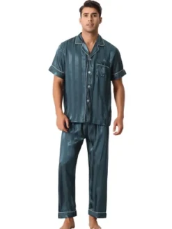 Cheibear Men Striped Satin Button Down Short Sleeve Long Pants Pajama Set -Cheibear Sales Store GUEST 990c1829 3e58 4aab 9c42 8b032b77b1b3