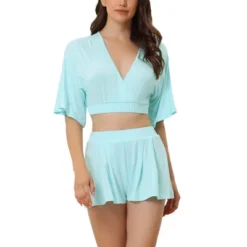 Cheibear Women's V Neck Yoga Flare Sleeve Crop Shirt And Shorts 2 Pieces Pajama Set Loungewear -Cheibear Sales Store GUEST 9f16aa29 3c25 4944 98c7 76a9fb912e87