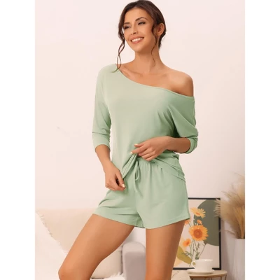Cheibear Womens Casual Slant Shoulder Long Sleeve Top With Shorts Pajamas Set 2 Pcs 1 Cheibear Womens Casual Slant Shoulder Long Sleeve Top With Shorts Pajamas Set 2 Pcs