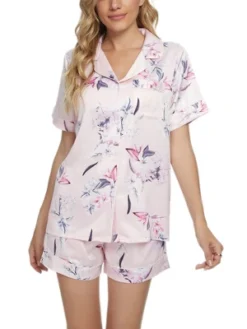 Cheibear Women's Floral Button Down Shirt Shorts Satin Pajama Set 2 Pcs -Cheibear Sales Store GUEST a153182a 55fc 423b 8603 8e188735e704