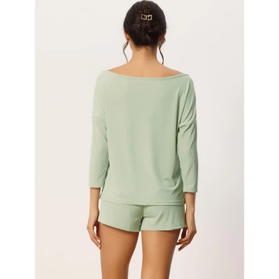 Cheibear Womens Casual Slant Shoulder Long Sleeve Top With Shorts Pajamas Set 2 Pcs 2 Cheibear Womens Casual Slant Shoulder Long Sleeve Top With Shorts Pajamas Set 2 Pcs - Image 2