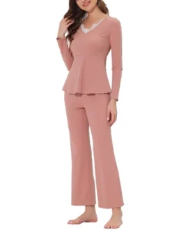 Cheibear Womens Sleepwear Lounge Ribbed Knit Peplum Tops With Lace Long Sleeve Pajamas Set -Cheibear Sales Store GUEST a7088a4c e10d 4483 bebf e035ad2267da