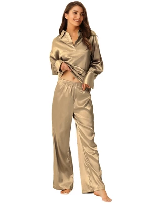 Cheibear Womnes Satin Outfits Pajamas Collar V Neck Tops With Pants Csaual Lounge Sets 2 Cheibear Womnes Satin Outfits Pajamas Collar V Neck Tops With Pants Csaual Lounge Sets - Image 2