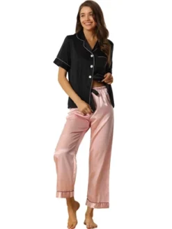 Cheibear Womens Satin Summer Button Down Short Sleeve Tops With Pants Silky Lounge Pajama Sets -Cheibear Sales Store GUEST ac3d95a5 c496 4ddc 8a11 84801499ebbd