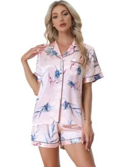 Cheibear Women's Floral Button Down Shirt Shorts Satin Pajama Set 2 Pcs -Cheibear Sales Store GUEST ad002042 87af 4c86 9a73 90c023c6bbce