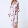 Cheibear Womens Satin Silky Floral Pajama Set Button Down Long Sleeve Shirt Pants Sleepwear 2pcs