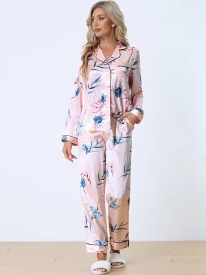 Cheibear Womens Satin Silky Floral Pajama Set Button Down Long Sleeve Shirt Pants Sleepwear 2pcs 1 Cheibear Womens Satin Silky Floral Pajama Set Button Down Long Sleeve Shirt Pants Sleepwear 2pcs