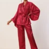 Cheibear Womens Satin Sleepwear Bell Sleeve Robe With Pants Silky Pajama Sets
