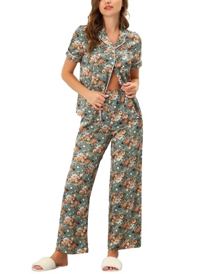 Cheibear Women's Silky Floral Short Sleeves Sleepshirt With Pants Pjs Set 2 Pcs 14 Cheibear Women's Silky Floral Short Sleeves Sleepshirt With Pants Pjs Set 2 Pcs - Image 14