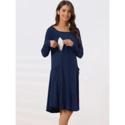 Cheibear Womens Casual Round Neck Maternity Long Sleeve Loungewear Dress With Pockets