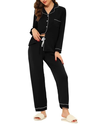 Cheibear Women's Long Sleeves Pants Nightwear Button Down Lounge Pajamas Set 1 Cheibear Women's Long Sleeves Pants Nightwear Button Down Lounge Pajamas Set