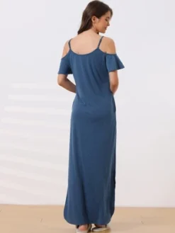 Cheibear Women's Summer Cold Shoulder With Pockets Casual Maxi Maternity Lounge Dress -Cheibear Sales Store GUEST b46aa529 1981 444c 8265 6b79003c4399