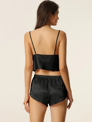 Cheibear Womens Satin Sleepwear 3pcs Cami Tops And Shorts With Robe Loungewear Pajama Set 2 Cheibear Womens Satin Sleepwear 3pcs Cami Tops And Shorts With Robe Loungewear Pajama Set - Image 2