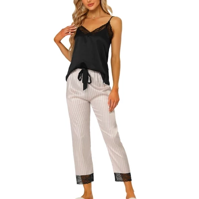Cheibear Womens Satin Lounge Stripe Lace Trim Cami Tops With Pants Sleepwear Pajamas Sets 5 Cheibear Womens Satin Lounge Stripe Lace Trim Cami Tops With Pants Sleepwear Pajamas Sets - Image 5
