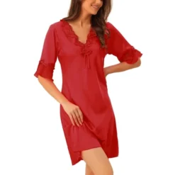 Cheibear Womens Satin Lace V Neck 3/4 Sleeve Lingerie Silky Lounge Nightgowns -Cheibear Sales Store GUEST c99cf48b a6b2 48de 84fa f718e31902a5