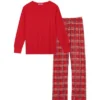 Cheibear Christmas Long Sleeve Solid Tops Tee With Plaid Pants Family Pajama Sets Red