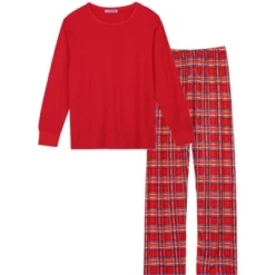 Cheibear Christmas Long Sleeve Solid Tops Tee With Plaid Pants Family Pajama Sets Red