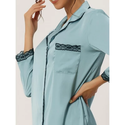 Cheibear Women's Satin Lace Long Sleeve Button-Down Shirt With Pants Pajama Sets 2 Pcs 3 Cheibear Women's Satin Lace Long Sleeve Button-Down Shirt With Pants Pajama Sets 2 Pcs - Image 3