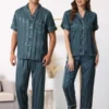 Cheibear Men Striped Satin Button Down Short Sleeve Long Pants Pajama Set