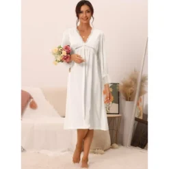 Cheibear Womens Satin Nightgowns Long Sleeve Lace Trim V-Neck Pajama Dress