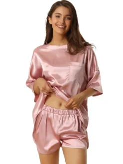 Cheibear Womens Soft Satin Short Sleeve T-Shirt And Shorts With Pockets Pajama Sets 2 Pcs -Cheibear Sales Store GUEST d4704fb9 3167 45c2 8c08 93788a5c6a6b