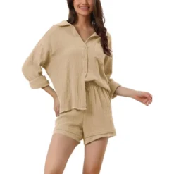 Cheibear Women's Button Down Long Sleeve Sleepwear Shirt With Shorts Casual Lounge Sets -Cheibear Sales Store GUEST d5d5eec9 7608 4e76 b4fd 9bf6b51cadd6