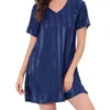 Cheibear Womens Sleepwear Pajama Dress Lounge Short Sleeve Striped Nightgown