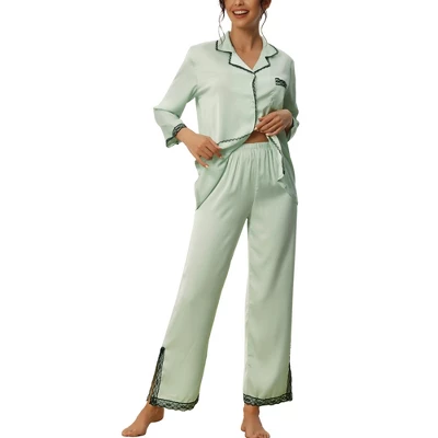 Cheibear Women's Satin Lace Long Sleeve Button-Down Shirt With Pants Pajama Sets 2 Pcs 6 Cheibear Women's Satin Lace Long Sleeve Button-Down Shirt With Pants Pajama Sets 2 Pcs - Image 6