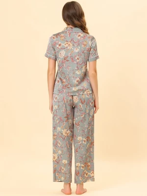 Cheibear Women's Silky Floral Short Sleeves Sleepshirt With Pants Pjs Set 2 Pcs 2 Cheibear Women's Silky Floral Short Sleeves Sleepshirt With Pants Pjs Set 2 Pcs - Image 2