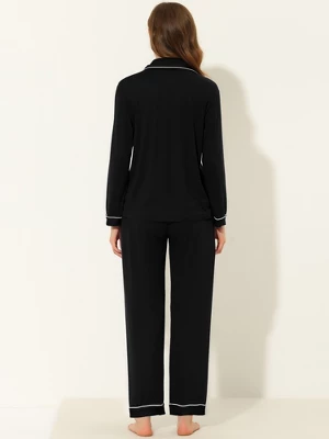 Cheibear Women's Long Sleeves Pants Nightwear Button Down Lounge Pajamas Set 2 Cheibear Women's Long Sleeves Pants Nightwear Button Down Lounge Pajamas Set - Image 2