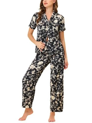 Cheibear Women's Silky Floral Short Sleeves Sleepshirt With Pants Pjs Set 2 Pcs 6 Cheibear Women's Silky Floral Short Sleeves Sleepshirt With Pants Pjs Set 2 Pcs - Image 6