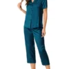 Cheibear Womens Pajama Sleepwear Button Down With Capri Pants Satin Lounge Pjs Set