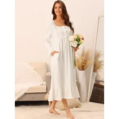 Cheibear Women's Victorian Long Sleeve Ruffle Night Gown Sleepwear With Pockets