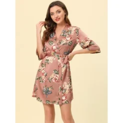 Cheibear Womens Satin Robes Pajama Bridal Party Tie Waist Mini Bathrobe