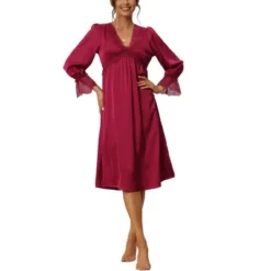 Cheibear Womens Satin Nightgowns Long Sleeve Lace Trim V-Neck Pajama Dress -Cheibear Sales Store GUEST fb794895 831e 47e9 a816 e786221795ff