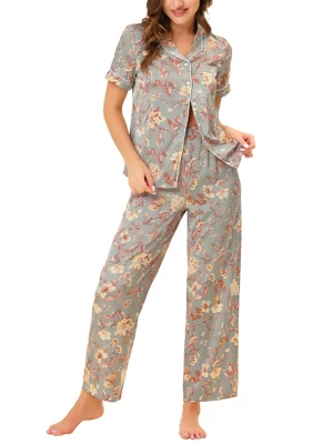 Cheibear Women's Silky Floral Short Sleeves Sleepshirt With Pants Pjs Set 2 Pcs 5 Cheibear Women's Silky Floral Short Sleeves Sleepshirt With Pants Pjs Set 2 Pcs - Image 5