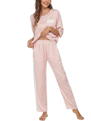 Cheibear Womens Satin Sleepwear Lounge With Pants Nightwear 3/4 Sleeves Pajama Set 6 Cheibear Womens Satin Sleepwear Lounge With Pants Nightwear 3/4 Sleeves Pajama Set - Image 6
