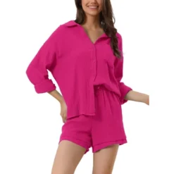 Cheibear Women's Button Down Long Sleeve Sleepwear Shirt With Shorts Casual Lounge Sets -Cheibear Sales Store GUEST ffa3c074 455e 4f1c a403 706b1fc802f1
