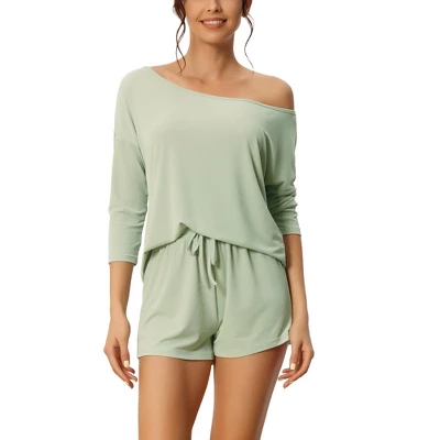 Cheibear Womens Casual Slant Shoulder Long Sleeve Top With Shorts Pajamas Set 2 Pcs 5 Cheibear Womens Casual Slant Shoulder Long Sleeve Top With Shorts Pajamas Set 2 Pcs - Image 5